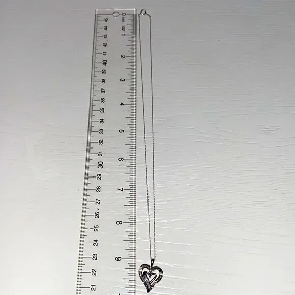 10K White Gold SUN Diamond Double Heart Necklace 18" Chain - Picture 6 of 16